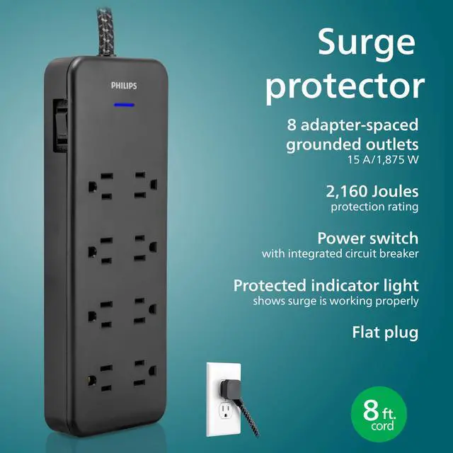 Alt view image 3 of 7 - Surge Protector Power Strip, 8 Ft Braided Extension Cord | 8 Outlet Extender (Wide Spaced), 2160 Joules, Flat Plug, Wall Mount, Home Office Dorm Essentials, Black, SPP3673B/37