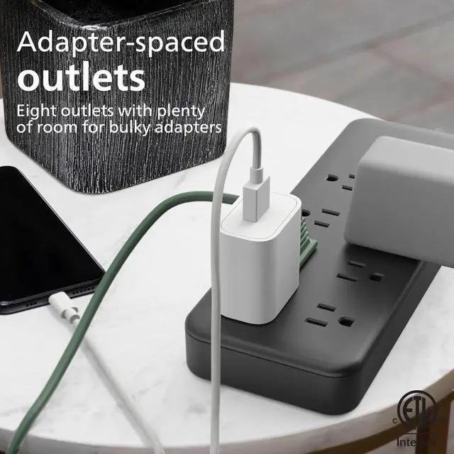 Alt view image 4 of 7 - Surge Protector Power Strip, 8 Ft Braided Extension Cord | 8 Outlet Extender (Wide Spaced), 2160 Joules, Flat Plug, Wall Mount, Home Office Dorm Essentials, Black, SPP3673B/37