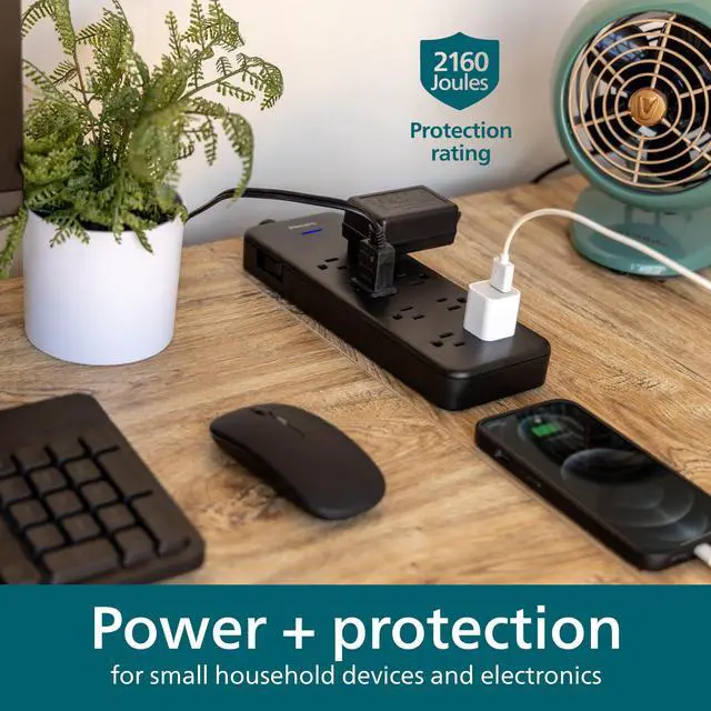 Alt view image 5 of 7 - Surge Protector Power Strip, 8 Ft Braided Extension Cord | 8 Outlet Extender (Wide Spaced), 2160 Joules, Flat Plug, Wall Mount, Home Office Dorm Essentials, Black, SPP3673B/37