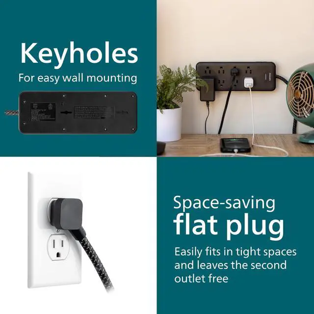 Alt view image 7 of 7 - Surge Protector Power Strip, 8 Ft Braided Extension Cord | 8 Outlet Extender (Wide Spaced), 2160 Joules, Flat Plug, Wall Mount, Home Office Dorm Essentials, Black, SPP3673B/37