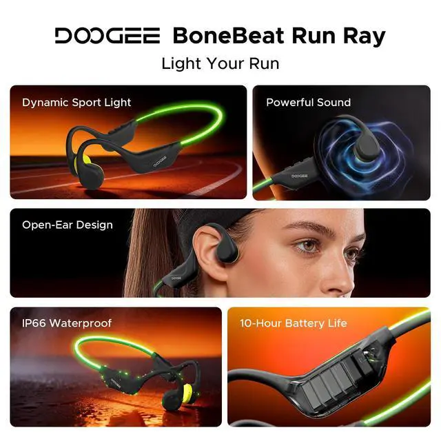 Alt view image 2 of 7 - Bone Beat Run Ray Bone Conduction Headphones Open Ear Headphones Wireless with LED Light IP66 Waterproof Headphones 10H Playtime BT6.0 Open-Ear Sport Headphones for Running Cycling - Black