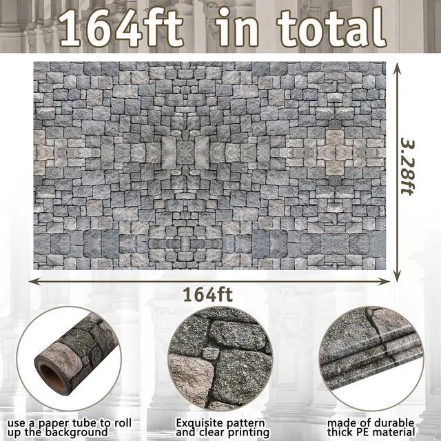 Alt view image 2 of 7 - 164 ft x 39.4 Inch Stone Wall Tablecloth Roll Plastic Disposable Medieval Castle Table Cover Brick Backdrops Knight Themed Party Supplies for Halloween Medieval Birthday Party Decorations