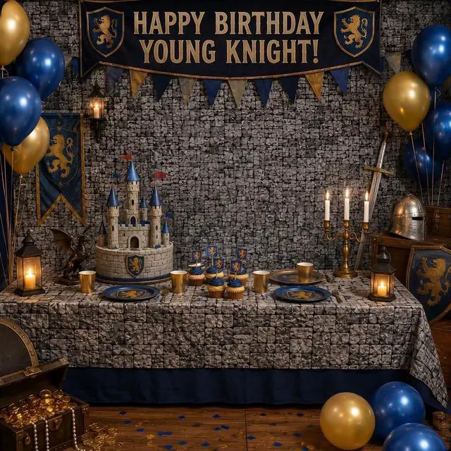 Alt view image 5 of 7 - 164 ft x 39.4 Inch Stone Wall Tablecloth Roll Plastic Disposable Medieval Castle Table Cover Brick Backdrops Knight Themed Party Supplies for Halloween Medieval Birthday Party Decorations