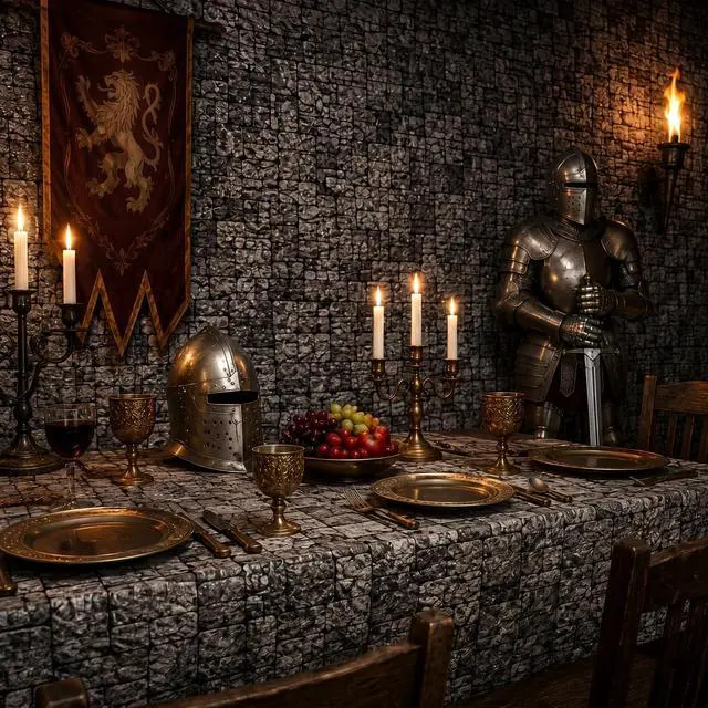 Alt view image 6 of 7 - 164 ft x 39.4 Inch Stone Wall Tablecloth Roll Plastic Disposable Medieval Castle Table Cover Brick Backdrops Knight Themed Party Supplies for Halloween Medieval Birthday Party Decorations