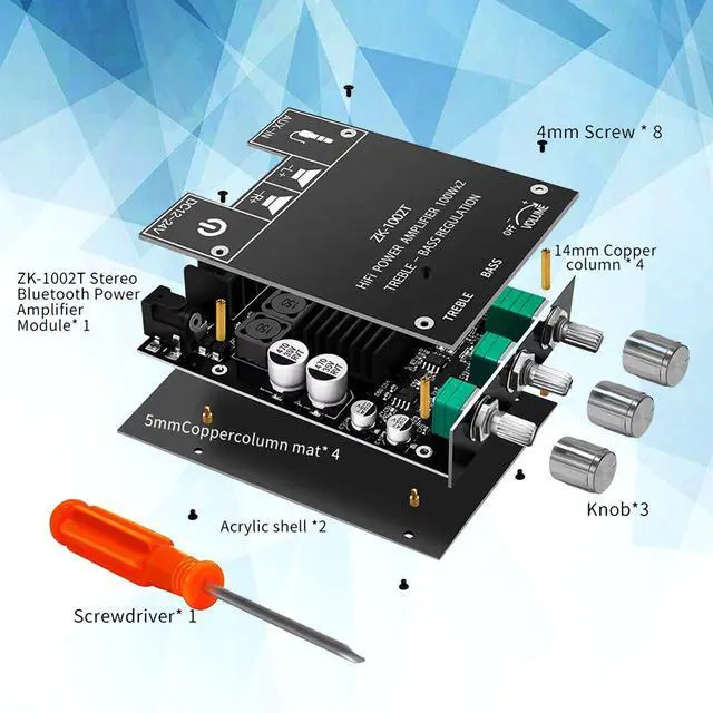 Alt view image 3 of 7 - ZK-1002T Bluetooth Audio Amplifier Board,100W×2Power Amplifier,DC12-24V Bluetooth Audio Power Amplifier Board, Board with Treble and Bass Control,Supports AUX/Bluetooth