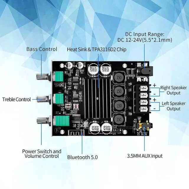 Alt view image 5 of 7 - ZK-1002T Bluetooth Audio Amplifier Board,100W×2Power Amplifier,DC12-24V Bluetooth Audio Power Amplifier Board, Board with Treble and Bass Control,Supports AUX/Bluetooth
