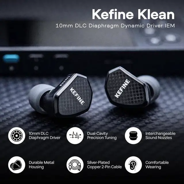 Alt view image 2 of 7 - Kefine Klean in-Ear Monitor, 10mm DLC Diaphgram Dynamic Driver IEM Earphones, HiFi Wired Gaming Earbuds with Dual Interchangeable Nozzles & Detachable 2-PIN Cable (with Mic Type-C, Black)
