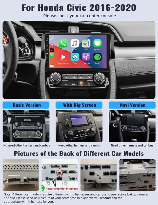 Alt view image 2 of 7 - Android 13 Car Stereo Radio for Honda Civic 2016 2017 2018 2019 2020 with Wireless CarPlay Android Auto Mirror Link 2G+64G with Bluetooth FM GPS Navigation WiFi HiFi SWC