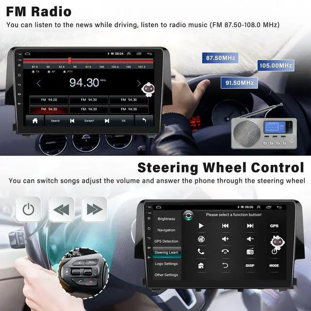 Alt view image 6 of 7 - Android 13 Car Stereo Radio for Honda Civic 2016 2017 2018 2019 2020 with Wireless CarPlay Android Auto 1G+32G 9 Inch Touchscreen Bluetooth GPS Navigation WiFi HiFi FM Backup Camera MIC