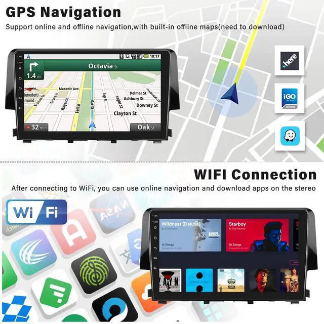 Alt view image 6 of 7 - Android 13 Car Stereo Radio for Honda Civic 2016 2017 2018 2019 2020 with Wireless CarPlay Android Auto Mirror Link 2G+64G with Bluetooth FM GPS Navigation WiFi HiFi SWC