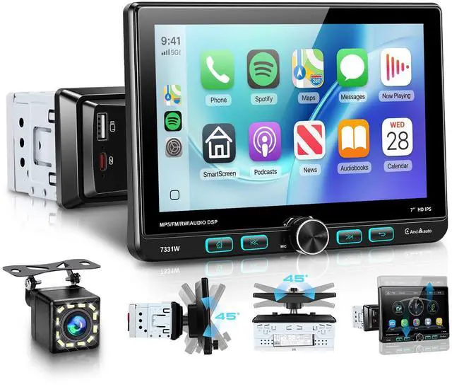 Main image of 7 Inch Single Din Car Stereo with Wired/Wireless CarPlay Android Auto,Adjustable Swivel IPS Touch Screen Car Radio,Physical Buttons,Mirror Link,AM/FM,Bluetooth 5.2,SWC,Backup Camera&External Mic