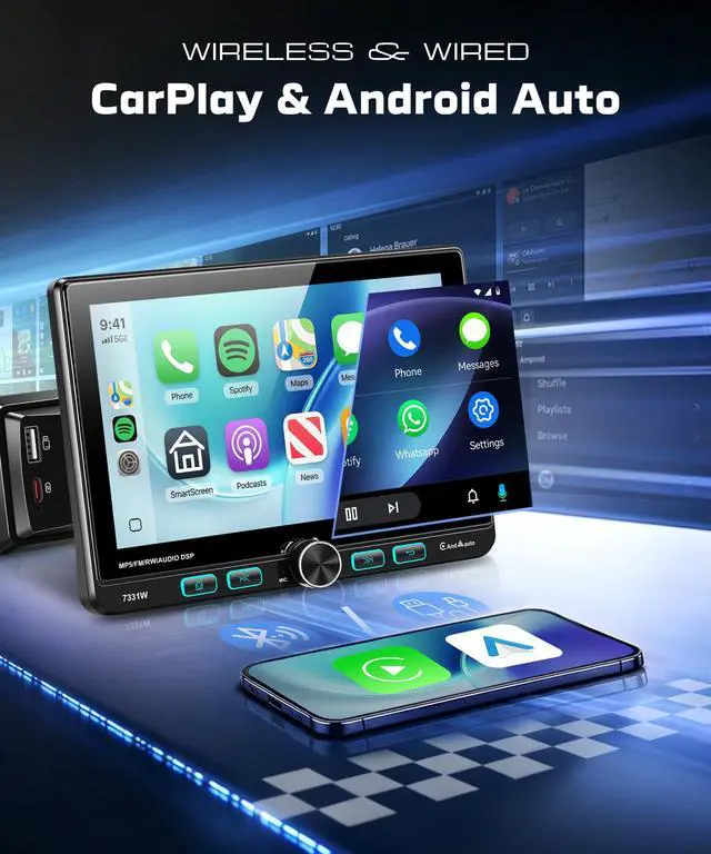 Alt view image 2 of 7 - 7 Inch Single Din Car Stereo with Wired/Wireless CarPlay Android Auto,Adjustable Swivel IPS Touch Screen Car Radio,Physical Buttons,Mirror Link,AM/FM,Bluetooth 5.2,SWC,Backup Camera&External Mic