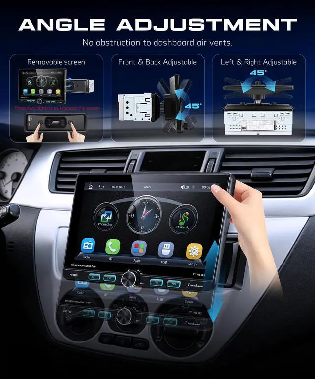 Alt view image 3 of 7 - 7 Inch Single Din Car Stereo with Wired/Wireless CarPlay Android Auto,Adjustable Swivel IPS Touch Screen Car Radio,Physical Buttons,Mirror Link,AM/FM,Bluetooth 5.2,SWC,Backup Camera&External Mic