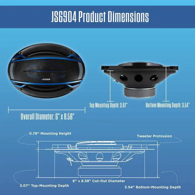 Alt view image 4 of 7 - JS6904 6x9 4-Way Car Speakers Pair 200W Peak 50W RMS Coaxial Set | 58mm Mylar balanced dome midrange, two 20mm piezo tweeters, high performance 4-way sound, fits standard 6x9 car cutouts