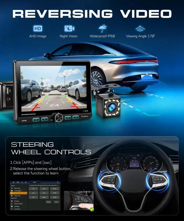 Alt view image 6 of 7 - 7 Inch Single Din Car Stereo with Wired/Wireless CarPlay Android Auto,Adjustable Swivel IPS Touch Screen Car Radio,Physical Buttons,Mirror Link,AM/FM,Bluetooth 5.2,SWC,Backup Camera&External Mic