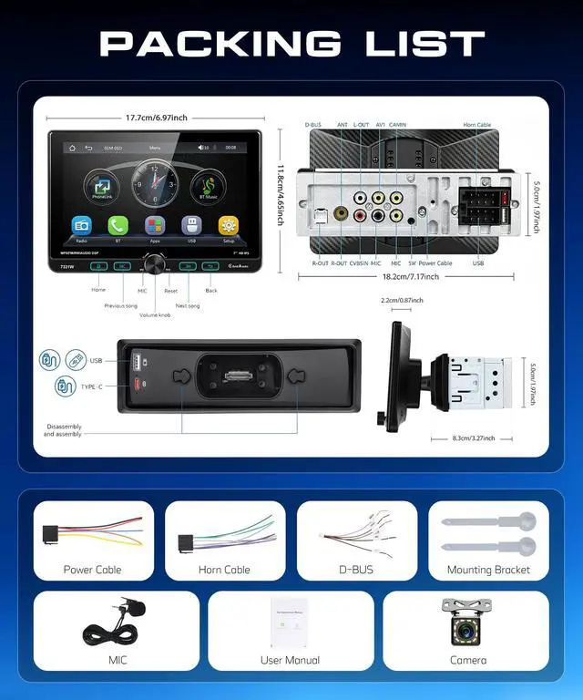 Alt view image 7 of 7 - 7 Inch Single Din Car Stereo with Wired/Wireless CarPlay Android Auto,Adjustable Swivel IPS Touch Screen Car Radio,Physical Buttons,Mirror Link,AM/FM,Bluetooth 5.2,SWC,Backup Camera&External Mic