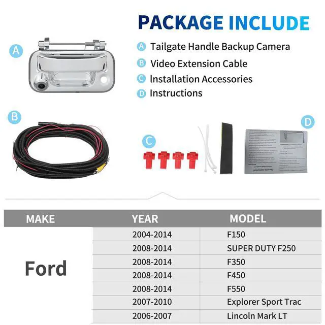 Alt view image 6 of 7 - Tailgate Handle Backup Rear View Reverse Camera for Ford F150 2004-2014/Super Duty F250/F350/F450/F550 2008-2014 Explorer Sport Trac Lincoln Mark LT Pickup Truck Chrome(with Optional Guideline)