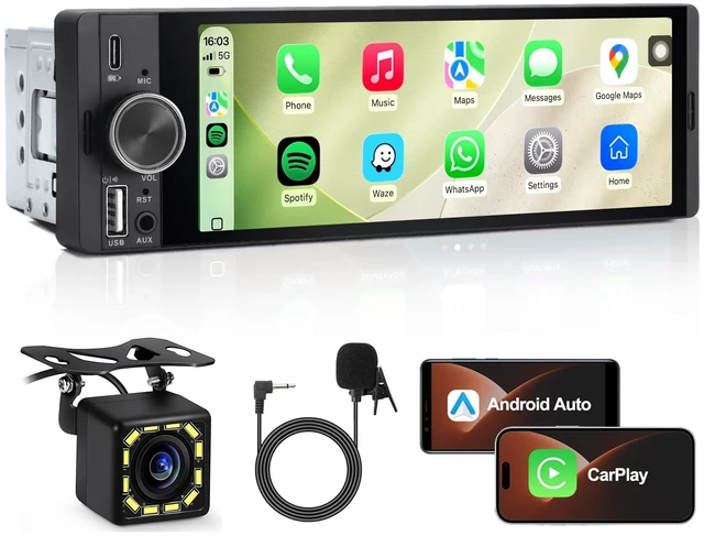 Main image of Single DIN Car Stereo, 6.36" Touchscreen, Wireless CarPlay & Android Auto | Apple CarPlay, Bluetooth Hands-Free, Backup Camera, FM Radio, AUX, USB/Type-C, SWC & Mirror Link