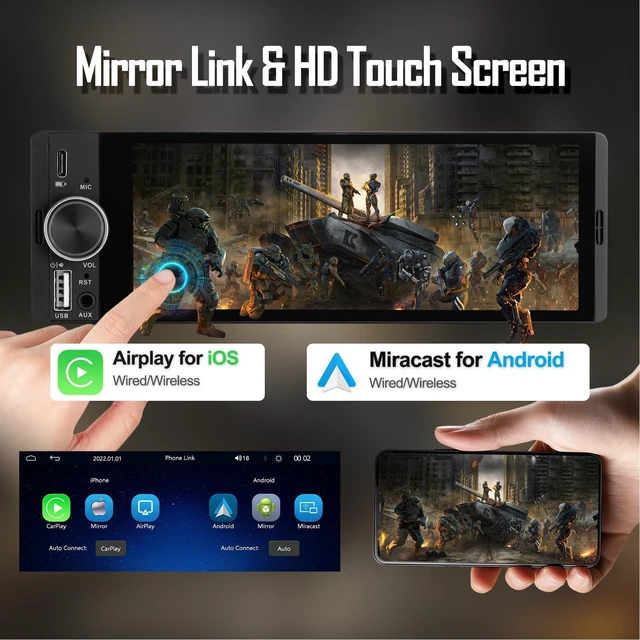 Alt view image 6 of 7 - Single DIN Car Stereo, 6.36" Touchscreen, Wireless CarPlay & Android Auto | Apple CarPlay, Bluetooth Hands-Free, Backup Camera, FM Radio, AUX, USB/Type-C, SWC & Mirror Link