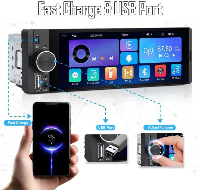 Alt view image 7 of 7 - Single DIN Car Stereo, 6.36" Touchscreen, Wireless CarPlay & Android Auto | Apple CarPlay, Bluetooth Hands-Free, Backup Camera, FM Radio, AUX, USB/Type-C, SWC & Mirror Link
