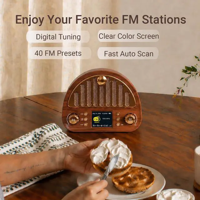 Alt view image 3 of 7 - Vintage FM Radio with Bluetooth & NOAA Weather Alerts & Alarm Clock | 40 FM Presets, Digital Tuning LCD Color Screen, USB-C Rechargeable, Retro Style for Home Office Bedroom Kitchen Tabletop