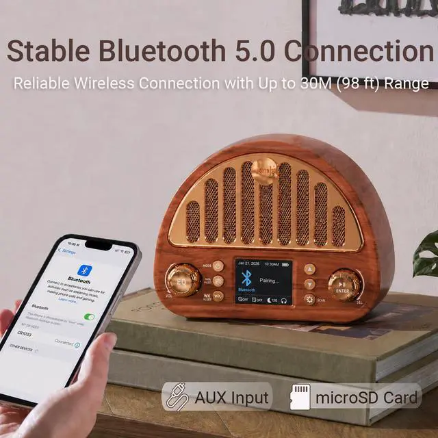 Alt view image 4 of 7 - Vintage FM Radio with Bluetooth & NOAA Weather Alerts & Alarm Clock | 40 FM Presets, Digital Tuning LCD Color Screen, USB-C Rechargeable, Retro Style for Home Office Bedroom Kitchen Tabletop