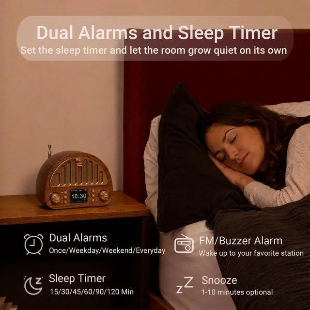 Alt view image 5 of 7 - Vintage FM Radio with Bluetooth & NOAA Weather Alerts & Alarm Clock | 40 FM Presets, Digital Tuning LCD Color Screen, USB-C Rechargeable, Retro Style for Home Office Bedroom Kitchen Tabletop