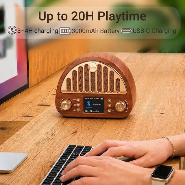 Alt view image 6 of 7 - Vintage FM Radio with Bluetooth & NOAA Weather Alerts & Alarm Clock | 40 FM Presets, Digital Tuning LCD Color Screen, USB-C Rechargeable, Retro Style for Home Office Bedroom Kitchen Tabletop