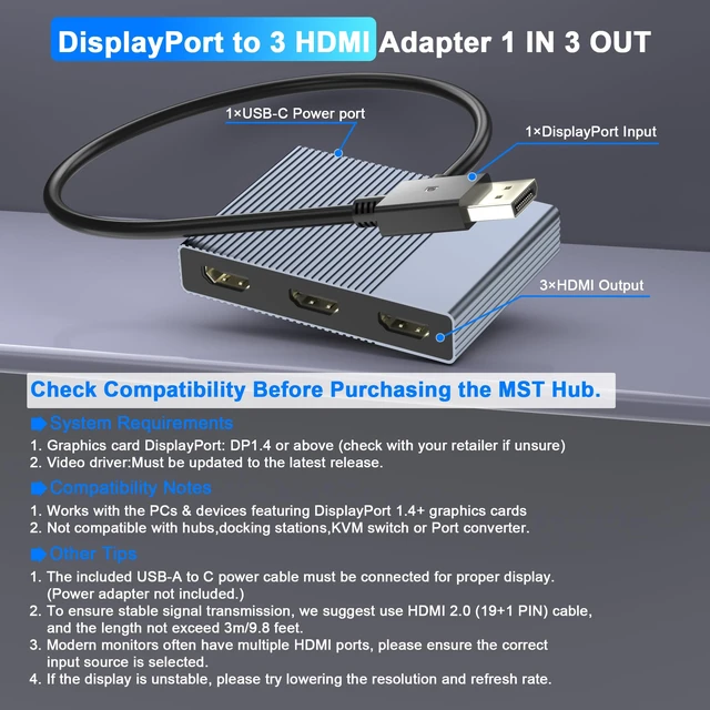 Alt view image 2 of 7 - DisplayPort to 3 HDMI Splitter Extended Display, 4K@60Hz DisplayPort to HDMI Adapter for 3 Monitors, Display Port Splitter 1 IN 3 OUT MST Hub, DP Multiple Monitors Adapter for PC/Graphic Card