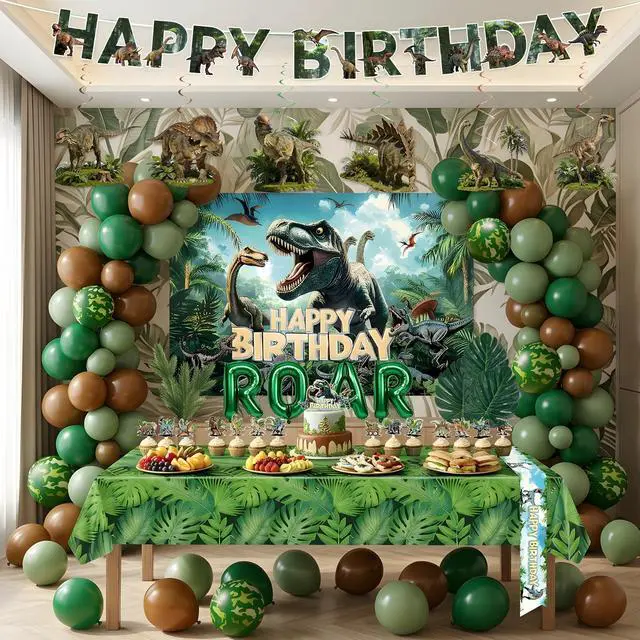 Main image of Dinosaur Birthday Party Decorations with Backdrop | High-Density Balloons Set for Jurassic World Theme Party Supplies and Dino Park Celebration Events