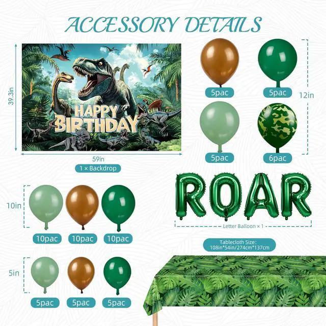 Alt view image 5 of 6 - Dinosaur Birthday Party Decorations with Backdrop | High-Density Balloons Set for Jurassic World Theme Party Supplies and Dino Park Celebration Events