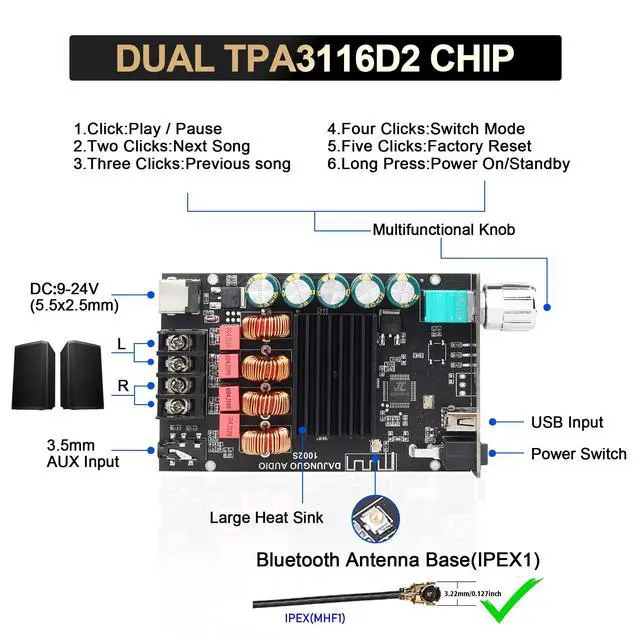 Alt view image 2 of 7 - DAJUNGUO 1002S 2.0 Bluetooth Amplifier Board with Dual TPA3116D2 Chips, 100W+100W Power Output, Wide Voltage Range of 9-24V DC, Bluetooth/USB/3.5mm AUX Input Modes Supported