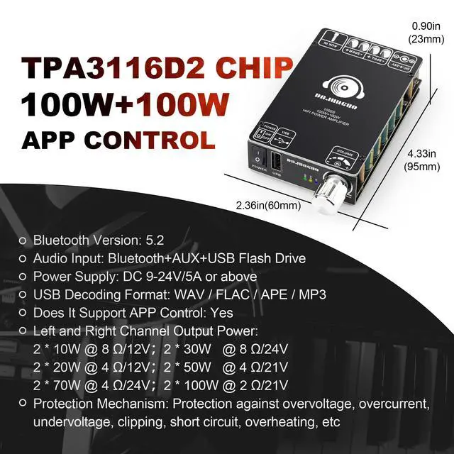 Alt view image 3 of 7 - DAJUNGUO 1002S 2.0 Bluetooth Amplifier Board with Dual TPA3116D2 Chips, 100W+100W Power Output, Wide Voltage Range of 9-24V DC, Bluetooth/USB/3.5mm AUX Input Modes Supported