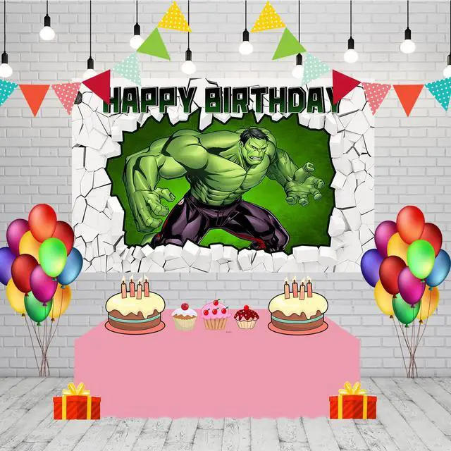 Alt view image 3 of 5 - Green Superhero Backdrop for Birthday Party Supplies 5x3ft Brick Wall Photo Background for Hulk Theme Party Cake Table Decorations Baby Shower Banner
