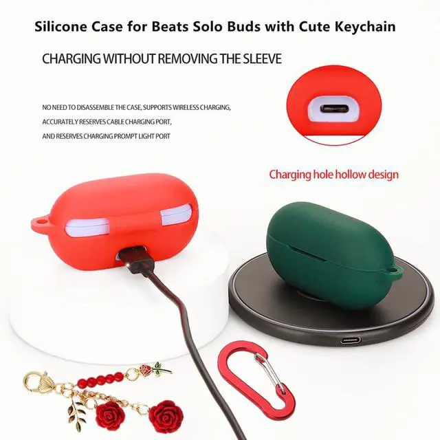 Alt view image 3 of 7 - Case for Beats Solo Buds Case Cover with Flower Keychain, Cute Soft Silicone Shockproof Protective Skin Cases for Beats Solo Buds Wireless Earbuds with Carabiner for Women Girl (Purple)