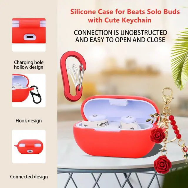 Alt view image 4 of 7 - Case for Beats Solo Buds Case Cover with Flower Keychain, Cute Soft Silicone Shockproof Protective Skin Cases for Beats Solo Buds Wireless Earbuds with Carabiner for Women Girl (Purple)