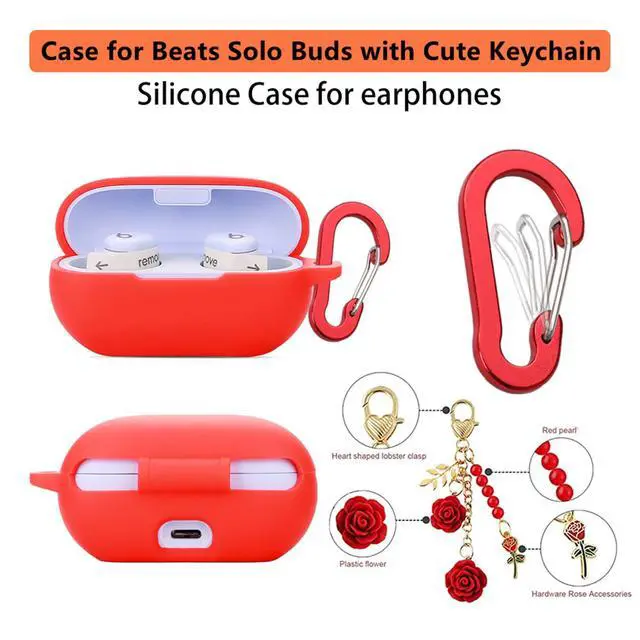 Alt view image 5 of 7 - Case for Beats Solo Buds Case Cover with Flower Keychain, Cute Soft Silicone Shockproof Protective Skin Cases for Beats Solo Buds Wireless Earbuds with Carabiner for Women Girl (Purple)