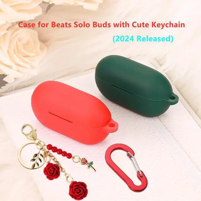 Alt view image 6 of 7 - Case for Beats Solo Buds Case Cover with Flower Keychain, Cute Soft Silicone Shockproof Protective Skin Cases for Beats Solo Buds Wireless Earbuds with Carabiner for Women Girl (Purple)