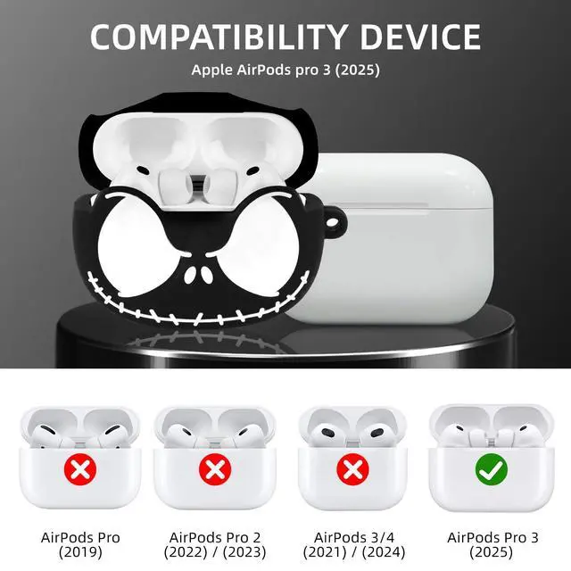 Alt view image 3 of 7 - for AirPods Pro 3 Case with Cleaner Kit, Glow in ihe Dark, Black | Cool Cartoon Funny Skull Case for Apple Airpods Pro 3rd Generation Protective Case Cover for Airpod Pro3 for Women Men