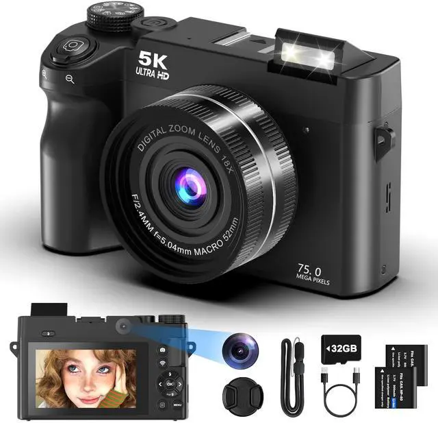 Main image of 5K Digital Camera for Vlogging, 75MP Photo Camera with 3" Screen | Compact beginner video creator bundle, 18X zoom, 30 built-in creative filters, dual batteries and 32GB SD card included