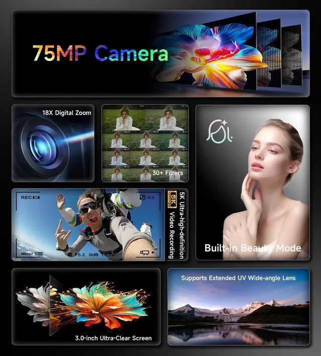 Alt view image 2 of 7 - 5K Digital Camera for Vlogging, 75MP Photo Camera with 3" Screen | Compact beginner video creator bundle, 18X zoom, 30 built-in creative filters, dual batteries and 32GB SD card included