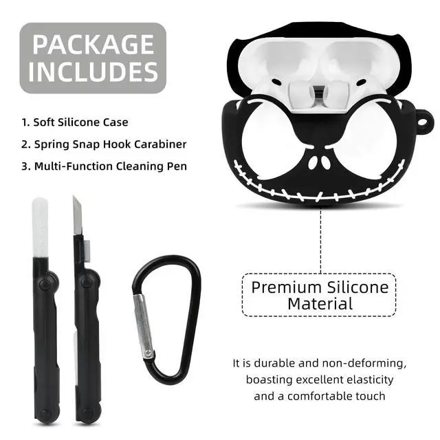 Alt view image 5 of 7 - for AirPods Pro 3 Case with Cleaner Kit, Glow in ihe Dark, Black | Cool Cartoon Funny Skull Case for Apple Airpods Pro 3rd Generation Protective Case Cover for Airpod Pro3 for Women Men