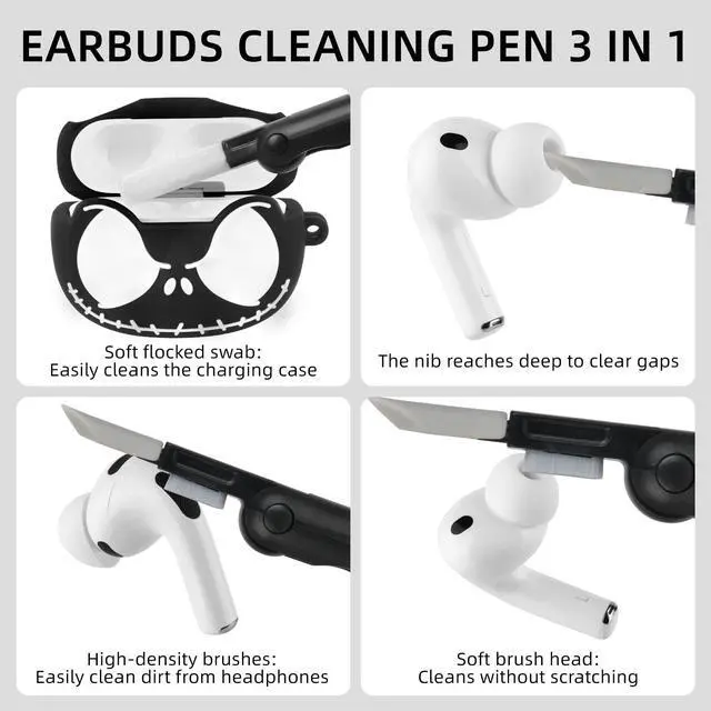 Alt view image 6 of 7 - for AirPods Pro 3 Case with Cleaner Kit, Glow in ihe Dark, Black | Cool Cartoon Funny Skull Case for Apple Airpods Pro 3rd Generation Protective Case Cover for Airpod Pro3 for Women Men