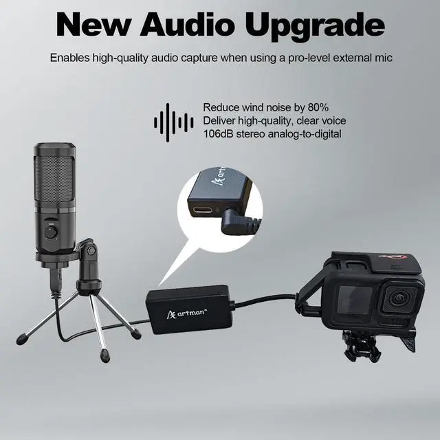 Alt view image 2 of 7 - Artman Mic Adapter Compatible with GoPro Hero 13/12/11/10/9/8/7/6/5 Black, Type-C to 3.5mm Microphone Adapter, Clear Audio for Outdoor Vlog, Travel, Action Video