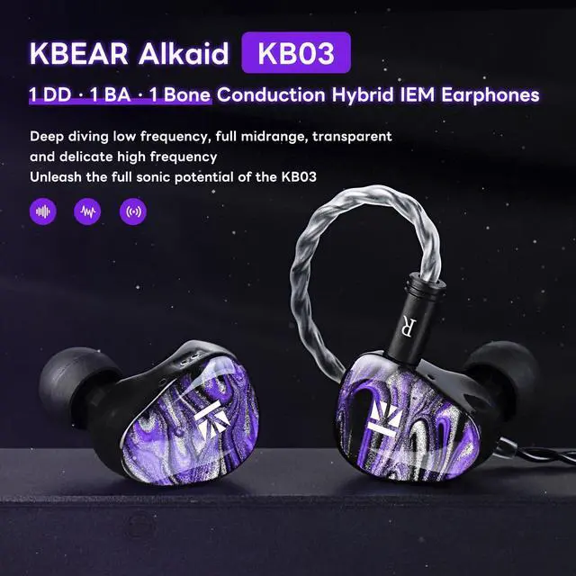 Alt view image 2 of 7 - KBEAR Alkaid KB03 in Ear Monitor Headphones, Wired Gaming Earbuds 1DD 1BA 1Bone Conduction Hybrid IEM Earphones, Beryllium-Coated Dynamic, 3D Printed Resin Cavity in Ear Monitor for Musician, Green