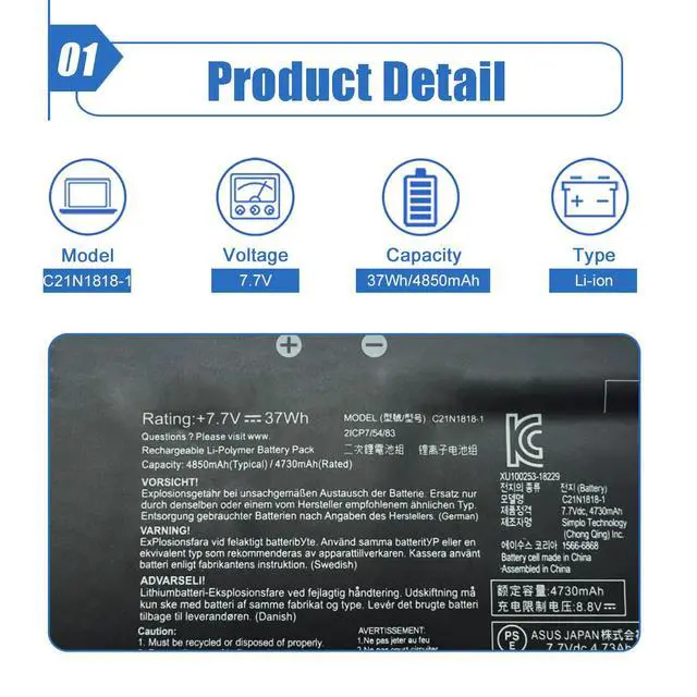 Alt view image 3 of 6 - C21N1818-1 Laptop Battery for ASUS VivoBook 15 F512FA F512DA X512JA F512FB F512FJ F512FL F512UA X512FJ X512FL X512JF X512JP X512DK R564JA S512DK S512FA Series 0B200-03190800 2ICP7/54/83