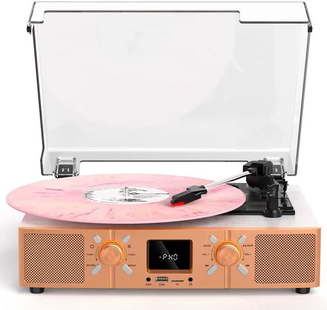 Main image of Vinyl Record Player with Built-in Speakers, 3-Speed Belt-Drive Turntable, Bluetooth Vinyl LP Player with FM Radio, USB/TF Recording & Playback, RCA Out, AUX, Headphone Jack, White Rose Gold