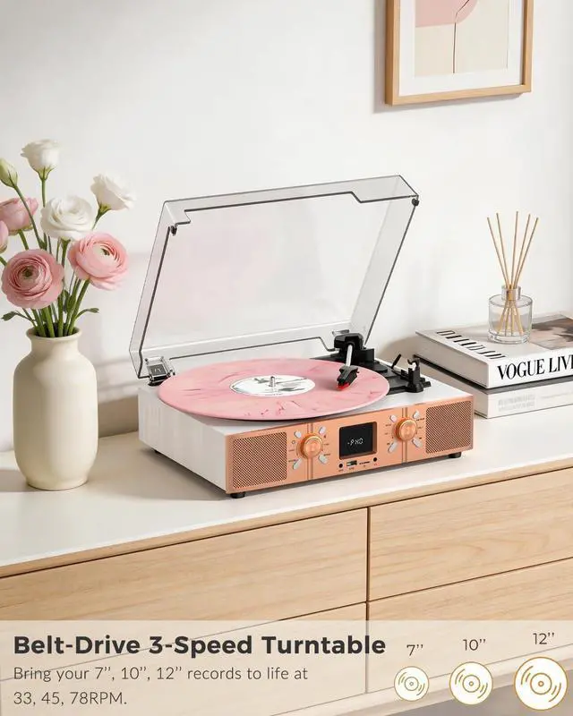 Alt view image 2 of 7 - Vinyl Record Player with Built-in Speakers, 3-Speed Belt-Drive Turntable, Bluetooth Vinyl LP Player with FM Radio, USB/TF Recording & Playback, RCA Out, AUX, Headphone Jack, White Rose Gold
