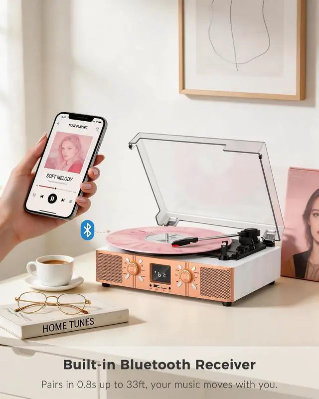 Alt view image 5 of 7 - Vinyl Record Player with Built-in Speakers, 3-Speed Belt-Drive Turntable, Bluetooth Vinyl LP Player with FM Radio, USB/TF Recording & Playback, RCA Out, AUX, Headphone Jack, White Rose Gold