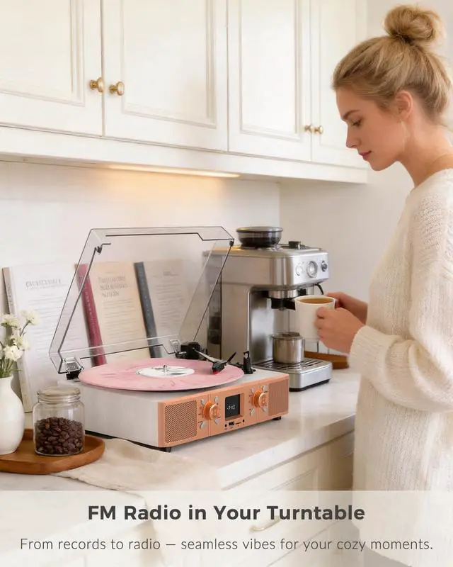 Alt view image 4 of 7 - Vinyl Record Player with Built-in Speakers, 3-Speed Belt-Drive Turntable, Bluetooth Vinyl LP Player with FM Radio, USB/TF Recording & Playback, RCA Out, AUX, Headphone Jack, White Rose Gold